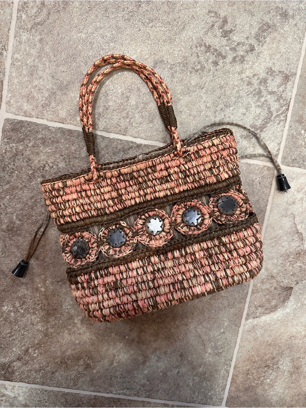 Jamin Puech Woven Purse with Stone Accents - Pink, Green & Brown